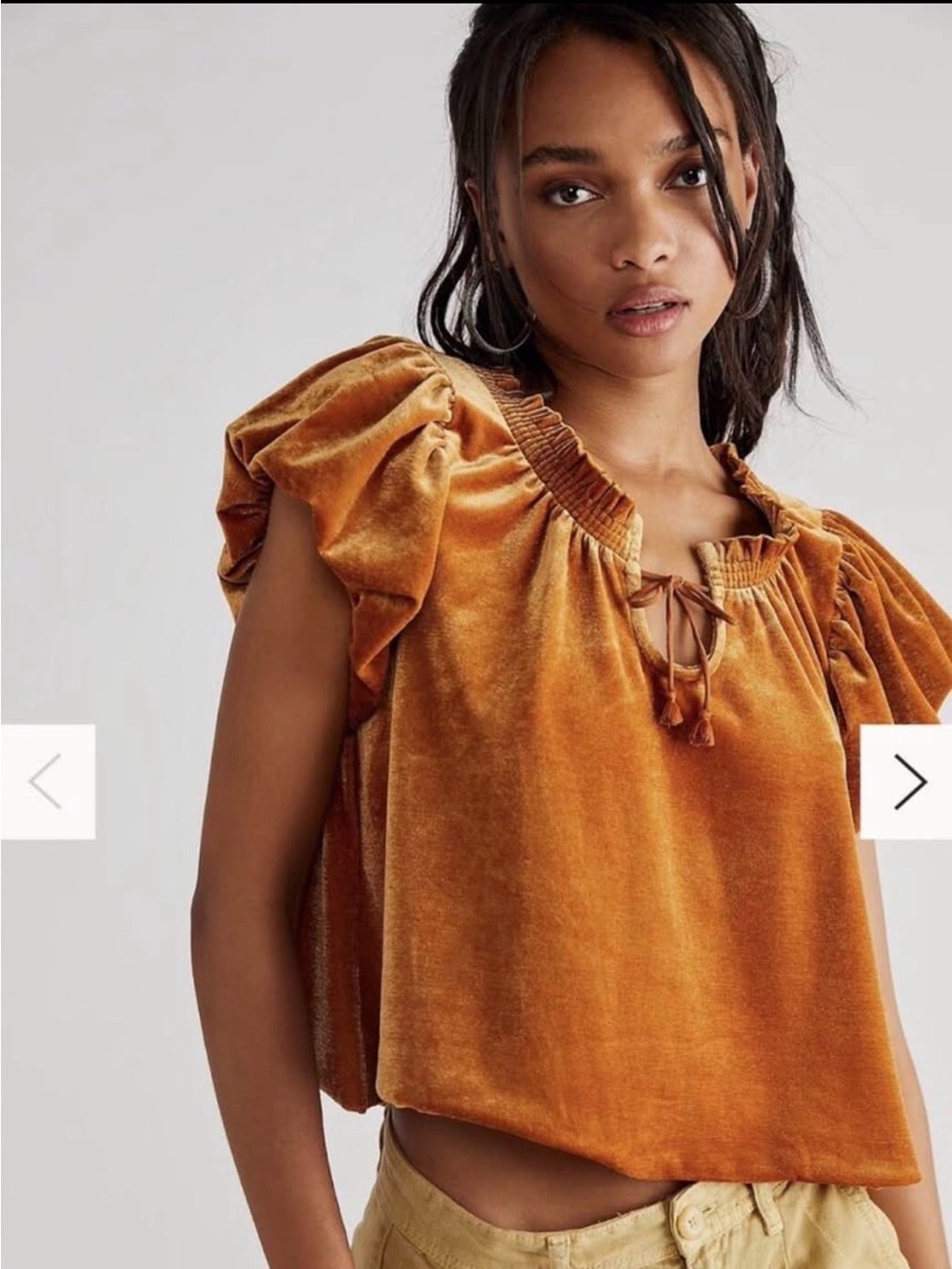 Free People Terese Velvet Ruffle Sleeve Tie-Front Top in Rust XS